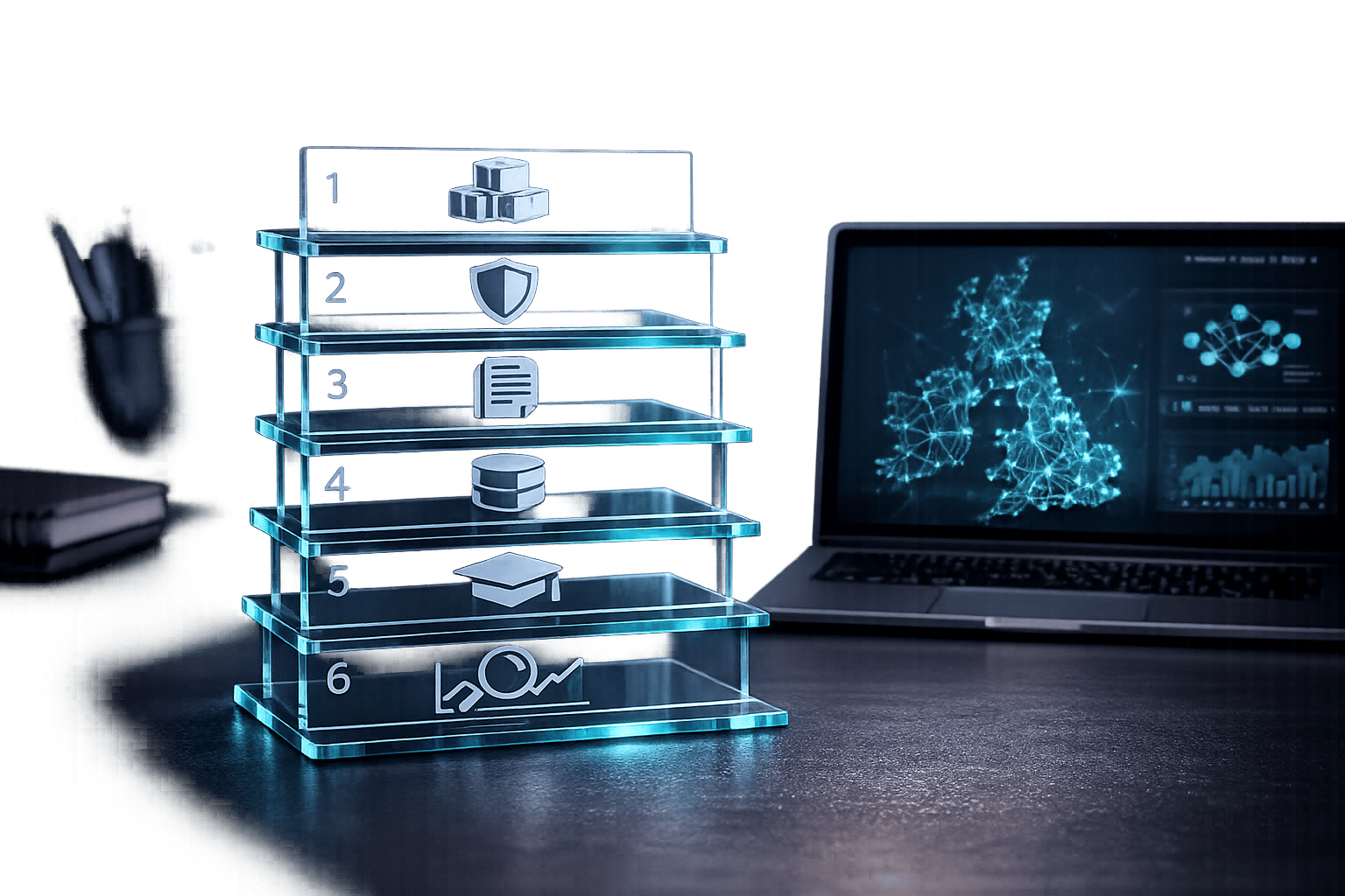 A six-step AI compliance checklist visualised as a glass stack on a desk